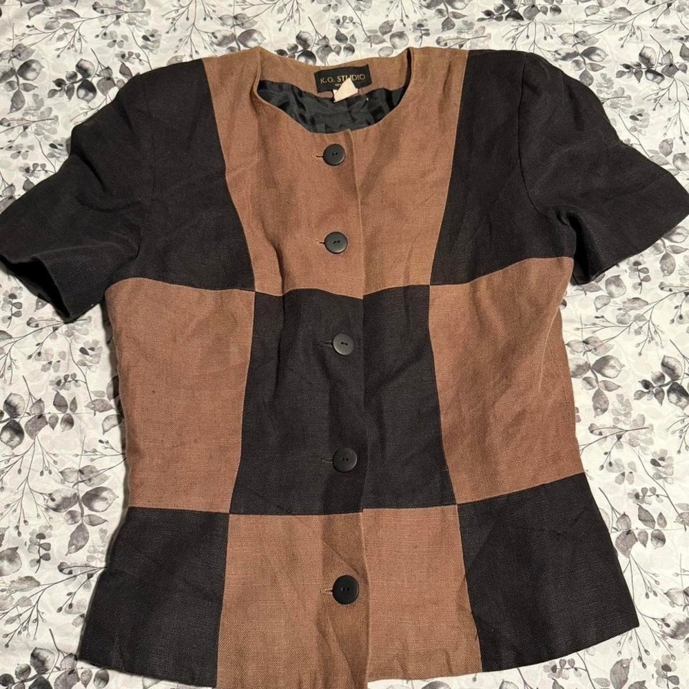 Vintage 80s Linen Button up Colorblock Blouse size medium - Picture 2 of 7